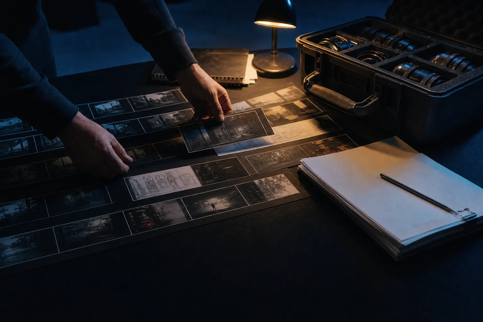 A director arranging storyboard frames and camera lenses on a production table