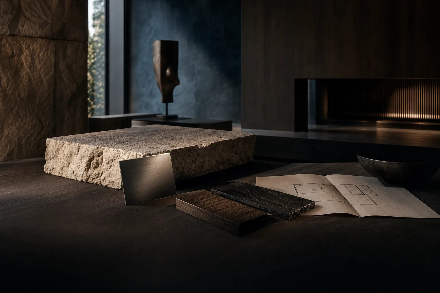 Material samples and a floor plan in a contemporary interior